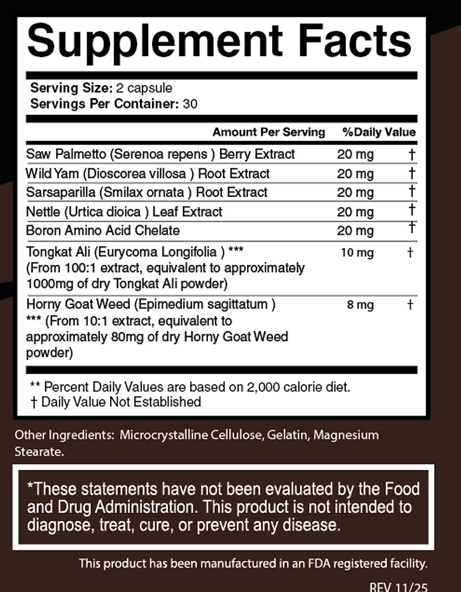 A Supplement Facts panel. The Tongkat Ali line reads 10 mg, from a 100:1 extract, equivalent to approximately 1000 mg of dry Tongkat Ali powder. Horny Goat Weed reads 8 mg from a 10:1 extract, equivalent to approximately 80 mg of powder.